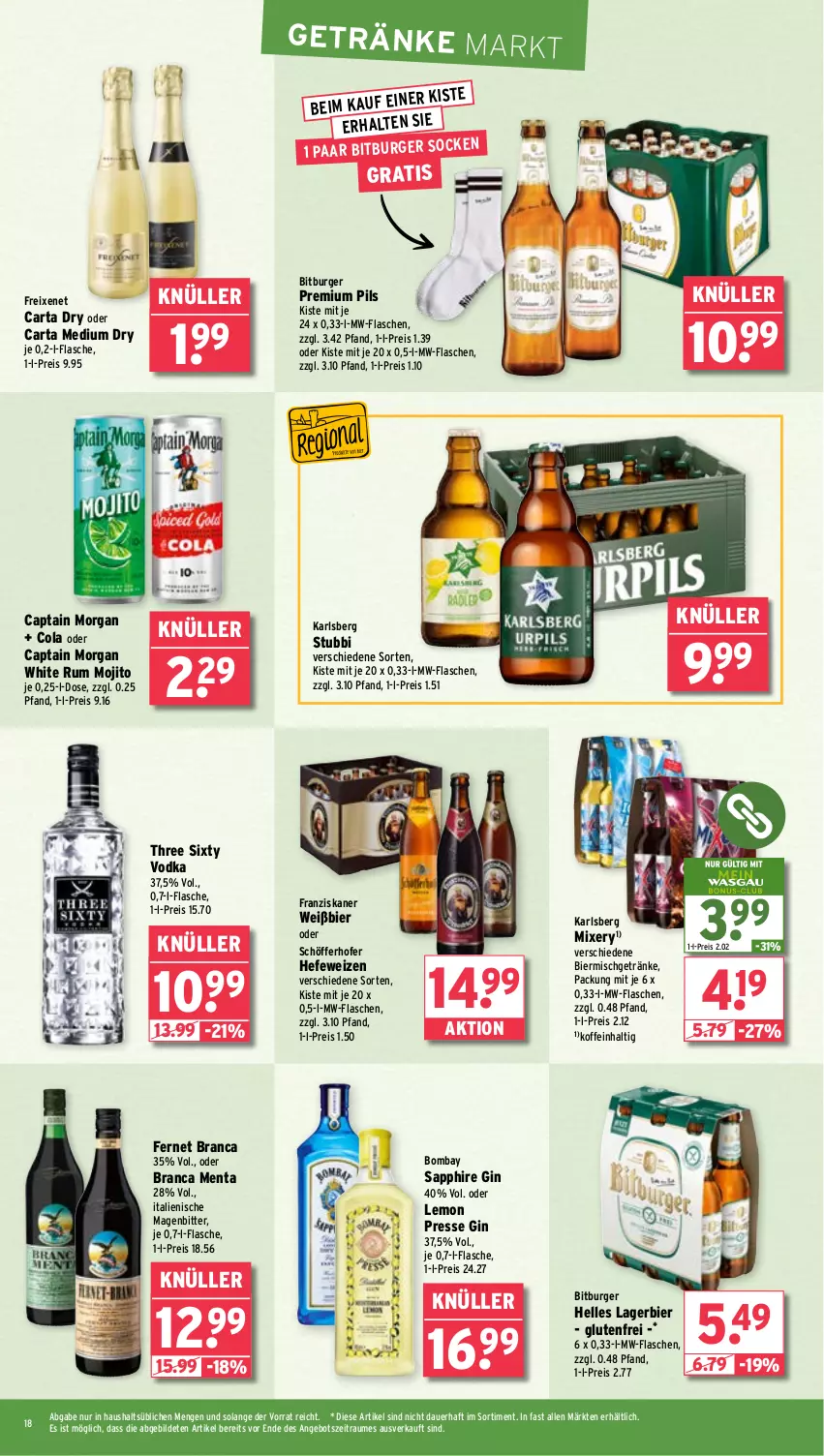 Aktueller Prospekt Wasgau - von 12.05 bis 17.05.2025 - strona 18 - produkty: angebot, auer, bier, bitburger, burger, Cap, captain morgan, cola, eis, elle, Fernet, fernet branca, flasche, franziskaner, freixenet, getränk, getränke, gin, Hefe, hefeweizen, karlsberg, karlsberg mixery, Lagerbier, Mixer, mixery, mojito, mw-flasche, pils, premium pils, reis, rum, sapphire, schöfferhofer, socken, Three Sixty, Ti, vodka, white rum