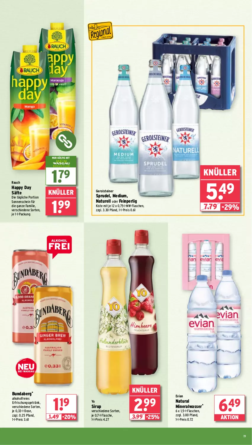 Aktueller Prospekt Wasgau - von 12.05 bis 17.05.2025 - strona 19 - produkty: alkohol, Alwa, Bundaberg, eis, erfrischungsgetränk, flasche, gerolsteine, gerolsteiner, getränk, Happy Day, mineralwasser, mw-flasche, natur, natura, Rauch, reis, rel, säfte, sirup, Sprudel, steiner, Ti, wasser, Yo
