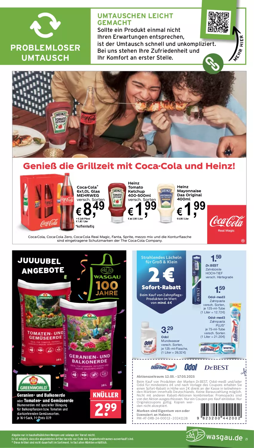 Aktueller Prospekt Wasgau - von 12.05 bis 17.05.2025 - strona 21 - produkty: angebot, angebote, auer, balkonpflanzen, blume, blumen, blumenerde, bürste, coupon, coupons, eis, elle, erde, flasche, Gemüseerde, geranie, geranien, gin, mac, mundwasser, Odol, pasta, pflanze, pflanzen, reis, sac, sofort-rabatt, Spezi, Ti, tomate, tomaten, und gemüse, wasser, zahnbürste, zahnpasta