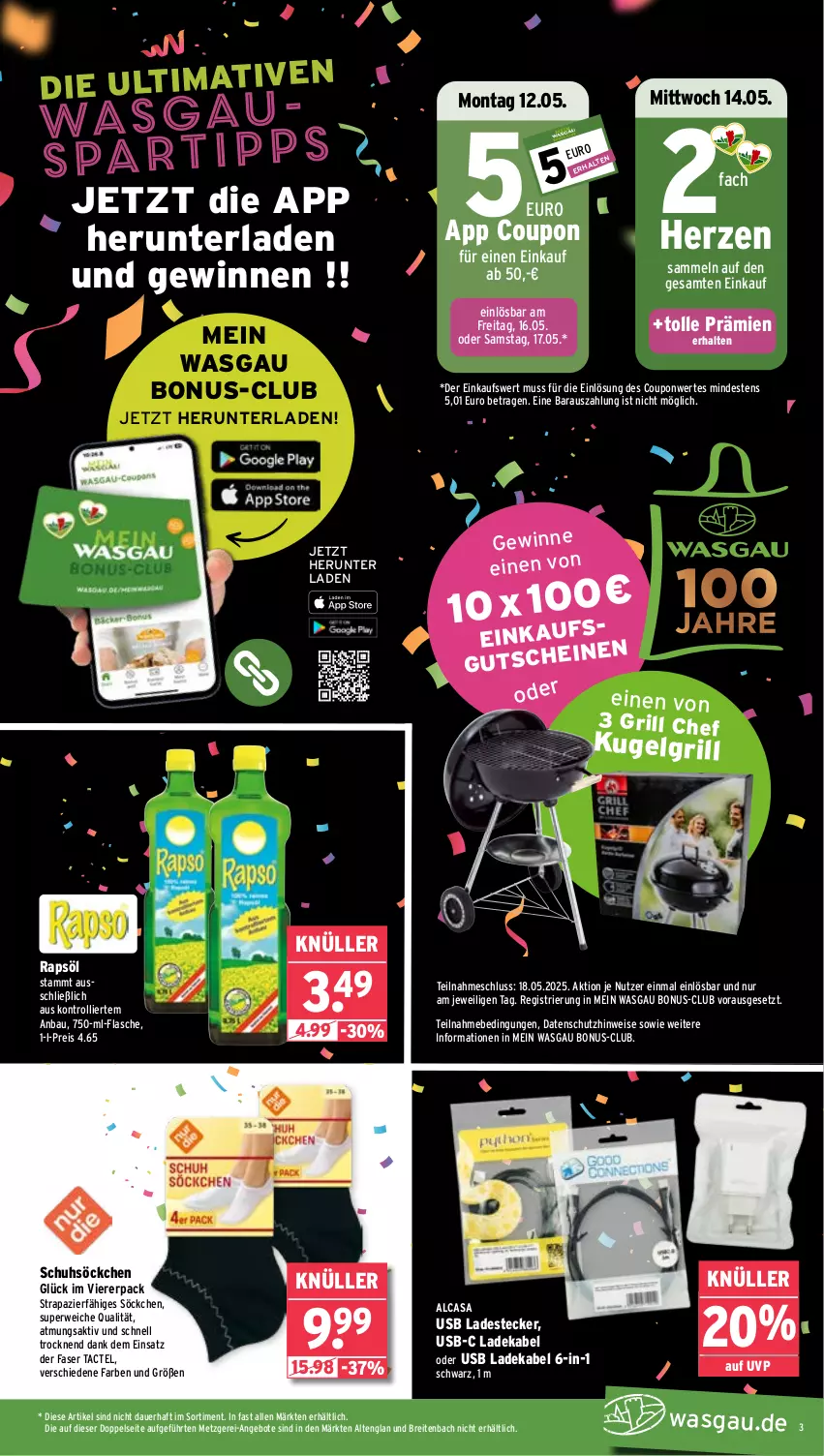 Aktueller Prospekt Wasgau - von 12.05 bis 17.05.2025 - strona 3 - produkty: angebot, angebote, auer, Bau, Brei, coupon, deka, eis, flasche, grill, Kugel, kugelgrill, ladekabel, LG, rapsöl, reis, rwe, söckchen, spartipp, Ti, trolli, usb
