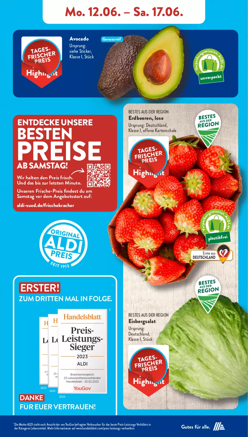 Aktueller Prospekt AldiSud - NÄCHSTE WOCHE - von 12.06 bis 17.06.2023 - strona 4 - produkty: aldi, angebot, asti, avocado, beere, beeren, decke, eis, eisbergsalat, erdbeere, erdbeeren, kracher, lebensmittel, LG, nuss, Rauch, reis, salat, Schal, Schale, Ti, Yo, ZTE