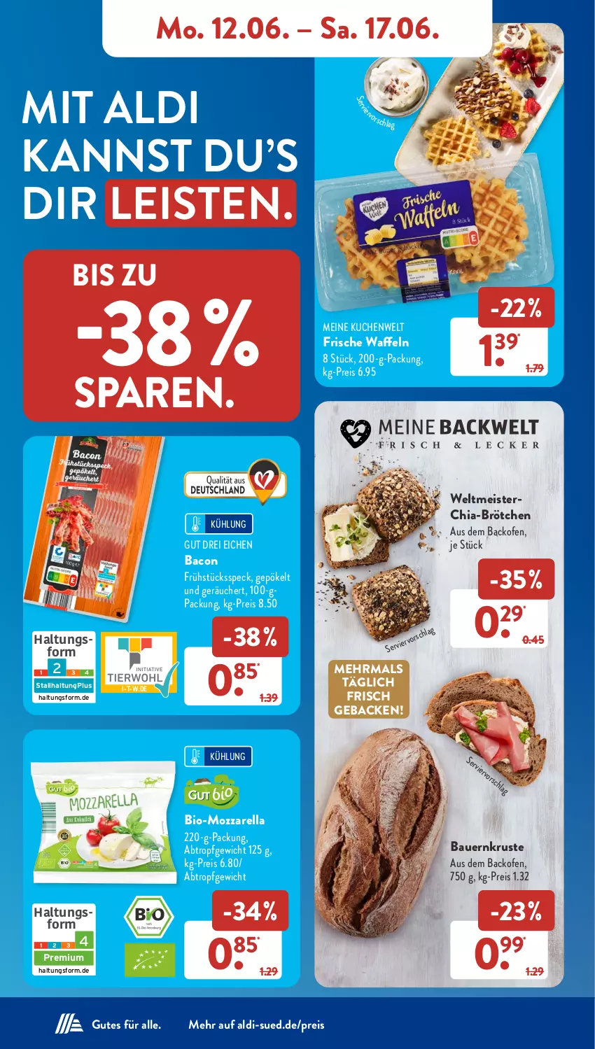 Aktueller Prospekt AldiSud - NÄCHSTE WOCHE - von 12.06 bis 17.06.2023 - strona 9 - produkty: aldi, auer, backofen, bacon, Bau, Bauer, bio, brötchen, chia, eis, Frühstücksspeck, geback, kuchen, Meister, mozzarella, Ofen, reis, rel, Speck, waffeln