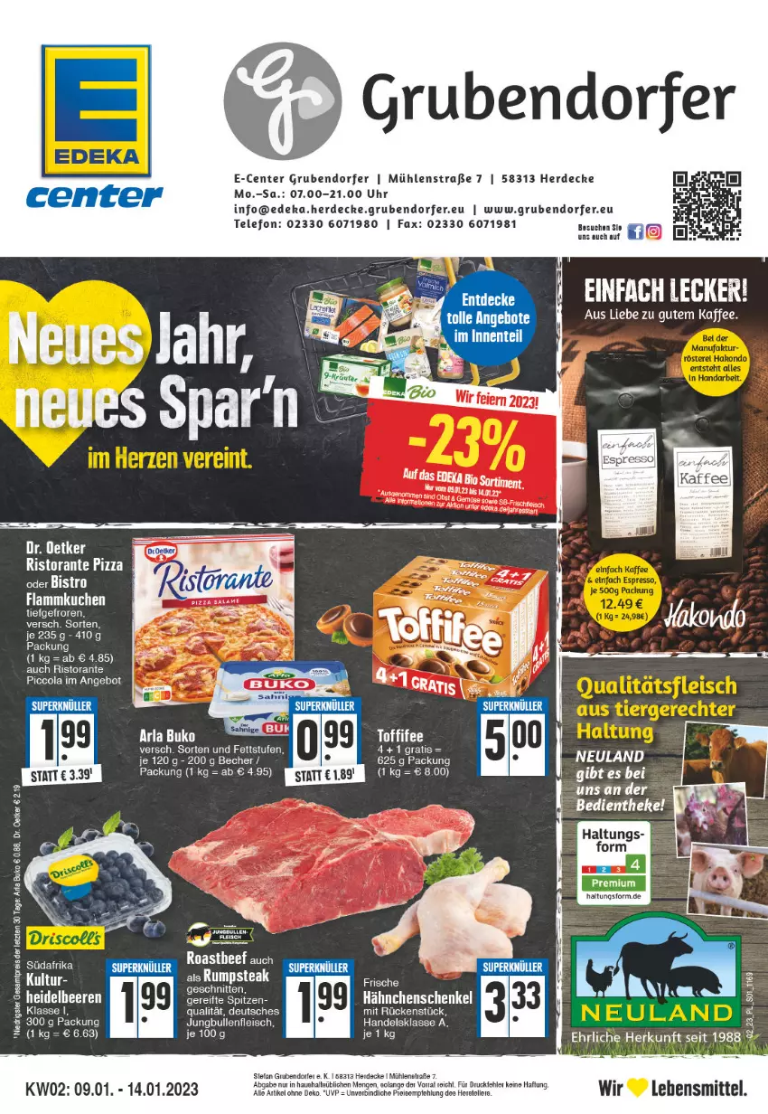 Aktueller Prospekt E Center - Angebote der Woche - von 02.01 bis 07.01.2023 - strona 1 - produkty: arla, arla buko, Becher, bio, Buko, cola, decke, deka, Dr. Oetker, edeka bio, eis, ente, erde, flammkuchen, fleisch, hähnchenschenkel, henkel, jungbullen, kaffee, kräuter, kuchen, lamm, lebensmittel, pizza, reis, ristorante, ristorante pizza, schenkel, schnitten, telefon, Ti, toffifee, uhr, ZTE