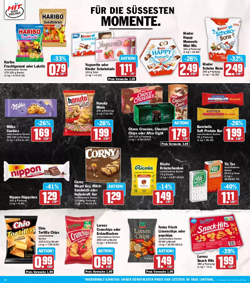 Aktueller Prospekt Hit - Wochenprospekt - von 30.12.2024 bis 04.01.2025 - strona 14 - produkty: after eight, beutel, chips, choclait chips, choco crossies, cola, cookie, cookies, corny, crossies, crunchips, eis, ente, frucht, fruchtgummi, Funny Frisch, hafer, hanuta, haribo, Kinder, kinder schokolade, kraft, kräuter, Lakritz, linsen, lorenz, lorenz crunchips, milch, milka, nippon, oder lakritz, rebell, reis, Ricola, riegel, sandwich, schoko, schokolade, snack, snack hits, Ti, tortilla, Tortilla Chips, Yo, yogurette, ZTE