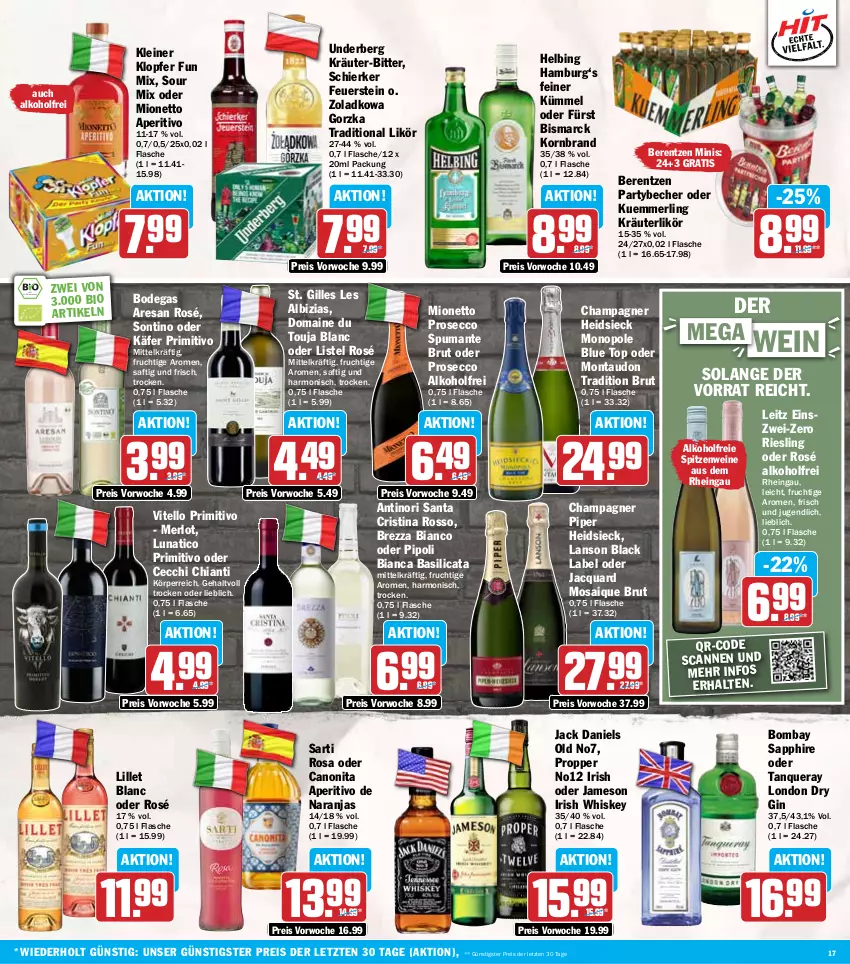 Aktueller Prospekt Hit - Wochenprospekt - von 30.12.2024 bis 04.01.2025 - strona 17 - produkty: alkohol, Becher, berentzen, bio, bismarck, black label, bombay sapphire, brut, canon, champagne, champagner, chia, chianti, dry gin, ecco, eis, flasche, frucht, gin, irish whiskey, jack daniel, jack daniels, jameson, käfer, kleiner klopfer, korn, kräuter, kräuterlikör, kuemmerling, lack, leine, leitz, likör, lillet, london dry, london dry gin, merl, merlot, mionetto, primitivo, prosecco, puma, reis, resa, riesling, saft, sapphire, spumante, Tanqueray, Ti, underberg, wein, weine, whiskey, ZTE