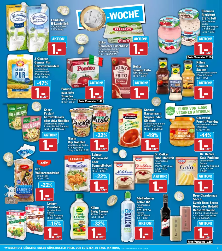 Aktueller Prospekt Hit - Wochenprospekt - von 30.12.2024 bis 04.01.2025 - strona 5 - produkty: adelholzener, almighur, almighurt, Becher, beutel, bree, Buko, chardonnay, croutons, Dr. Oetker, ecco, ehrmann, ehrmann almighurt, eimer, eintöpfe, eis, essig, flasche, frischkäse, frucht, hartweizen, heinz, Holz, kartoffel, Käse, knorr, knorr pasta, korn, Kühne, landliebe, landmilch, leimer, mehl, milch, Nissin, nudel, nudeln, nuss, odenwald, Paniermehl, pasta, pomito, porridge, pudding, rebsortenweine, reis, sandwich, sauce, saucen, Semmel, Semmelbrösel, snack, suppe, suppen, Ti, tomate, tomaten, wein, weine, Wild, ZTE