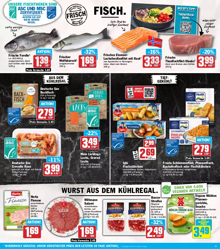 Aktueller Prospekt Hit - Wochenprospekt - von 30.12.2024 bis 04.01.2025 - strona 9 - produkty: aqua, auer, aus dem kühlregal, backfisch, backofen, bacon, Bau, braten, coupon, discount, eis, elle, filet, finesse, fisch, fische, Fischer, fischstäbchen, fischtheke, fleisch, forelle, frischfisch, frosta, Graved Lachs, grill, herta, herta finesse, ideal zum braten, ideal zum grillen, iglo, kühlregal, lachs, mac, natur, Ofen, pfanne, pfannen, regal, reifen, reis, rel, rwe, salami, salz, Schal, Schale, Schere, schlemmerfilet, snack, snacks, Speck, steak, steaks, teller, thunfisch, Ti, wiltmann, wolfsbarsch, wurst, ZTE