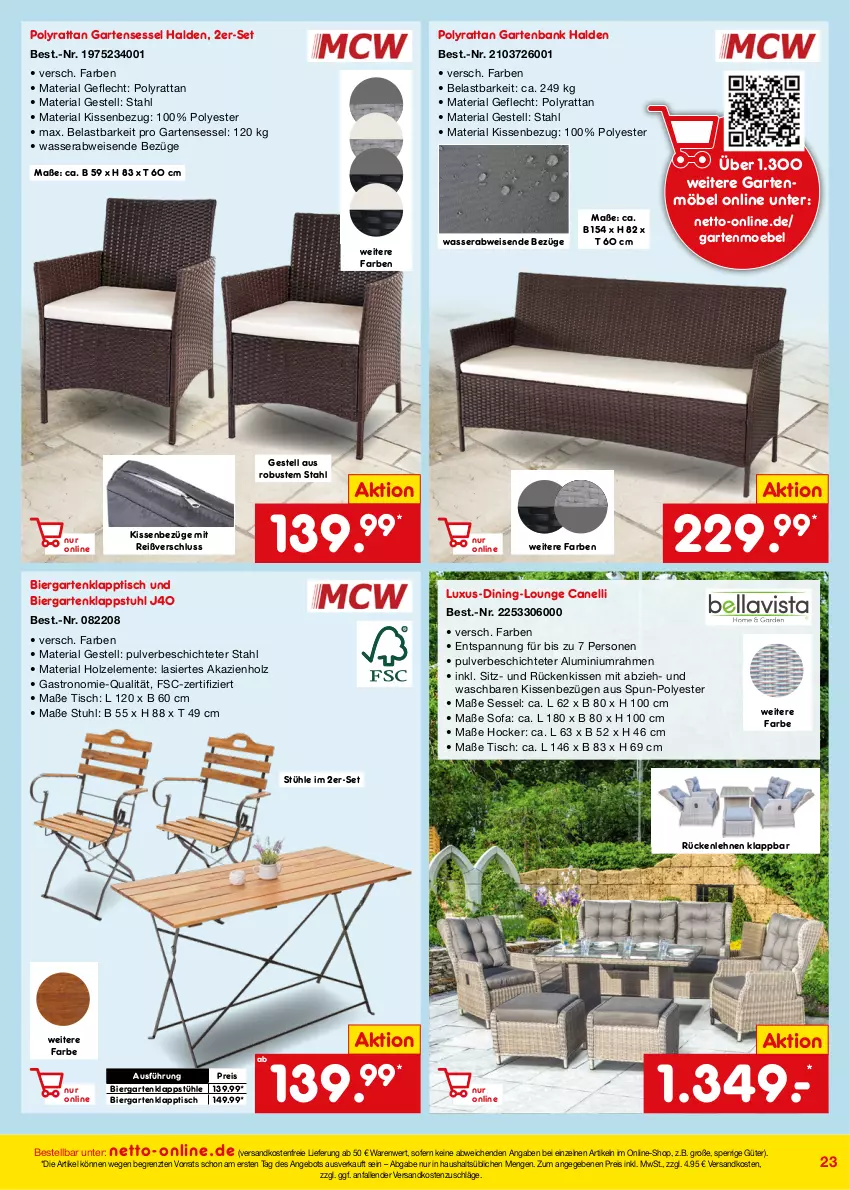 Aktueller Prospekt Netto Marken-Discount - Online-Angebote August - von 01.08 bis 31.08.2022 - strona 23 - produkty: angebot, Bank, bier, eis, ente, Garten, gartenbank, gartenmöbel, gartensessel, hocker, Holz, kissen, Kissenbezug, klappstuhl, Klappstühl, klapptisch, möbel, ndk, reis, Ria, Rückenkissen, rückenlehne, sessel, Sofa, stuhl, Stühl, Ti, tisch, versandkostenfrei, wasser, ZTE