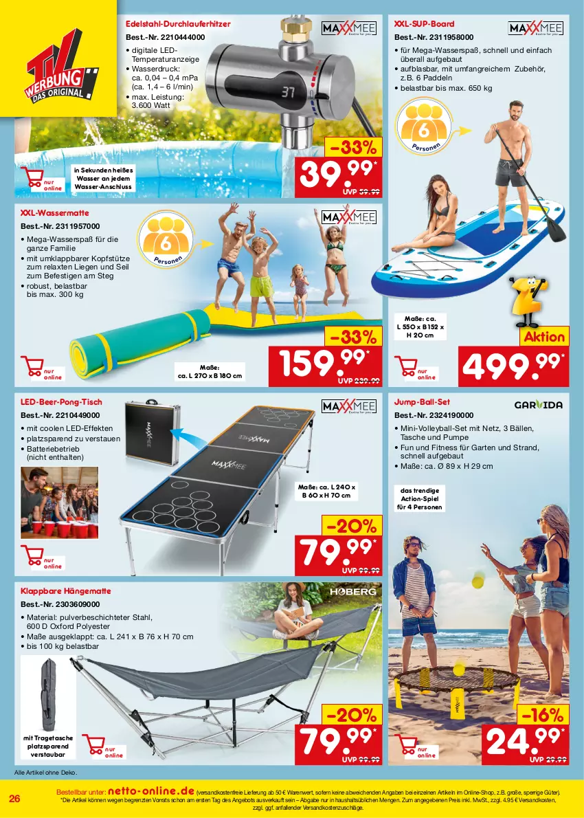 Aktueller Prospekt Netto Marken-Discount - Online-Angebote August - von 01.08 bis 31.08.2022 - strona 26 - produkty: angebot, ball, batterie, Bau, edelstahl, eis, Garten, hängematte, kopfstütze, Liege, ndk, reis, rel, Ria, Tasche, Ti, tisch, tragetasche, versandkostenfrei, wasser, ZTE