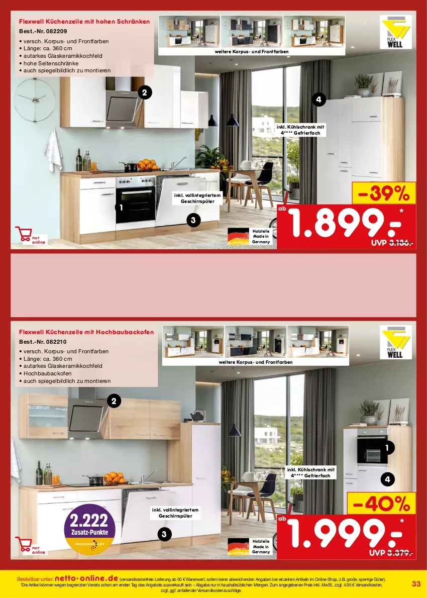 Aktueller Prospekt Netto Marken-Discount - Online-Angebote August - von 01.08 bis 31.08.2022 - strona 33 - produkty: angebot, backofen, Bau, eis, gefrierfach, Germ, geschirr, geschirrspüler, glaskeramik, glaskeramikkochfeld, Holz, kochfeld, küche, Küchen, Küchenzeile, kühlschrank, kühlschrank mit, ndk, Ofen, reis, Schrank, spiegel, Ti, Tiere, versandkostenfrei, ZTE