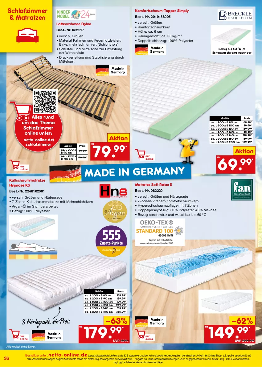 Aktueller Prospekt Netto Marken-Discount - Online-Angebote August - von 01.08 bis 31.08.2022 - strona 36 - produkty: angebot, eis, Germ, Holz, kaltschaummatratze, latte, Lattenrahmen, LG, matratze, matratzen, ndk, reis, rel, Ria, schauma, Schaummatratze, schlafzimmer, sim, Ti, topper, tuc, versandkostenfrei, vita, ZTE