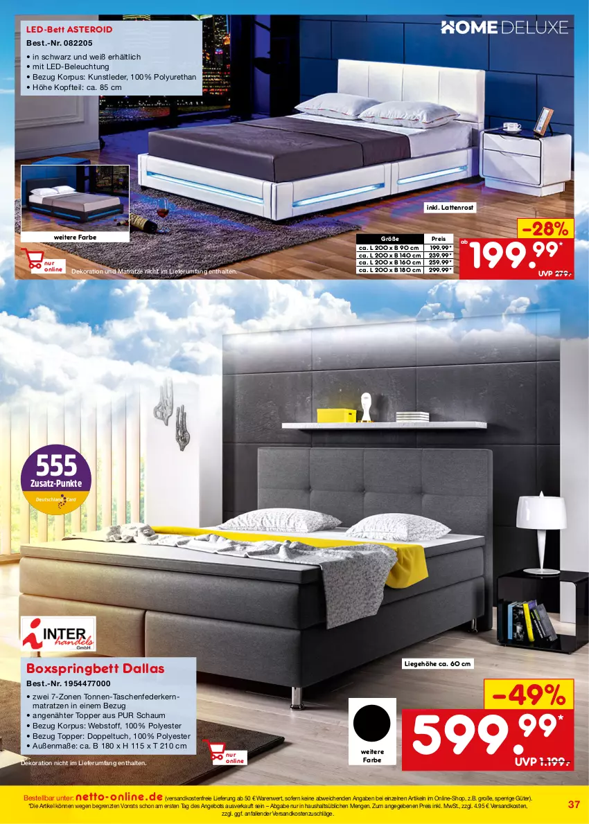 Aktueller Prospekt Netto Marken-Discount - Online-Angebote August - von 01.08 bis 31.08.2022 - strona 37 - produkty: angebot, beleuchtung, bett, boxspringbett, dekoration, eis, federkern, federkernmatratze, kernmatratze, latte, lattenrost, led-beleuchtung, Liege, matratze, matratzen, ndk, reis, ring, rum, Tasche, taschen, taschenfederkernmatratze, Ti, topper, tuc, und matratze, versandkostenfrei, ZTE