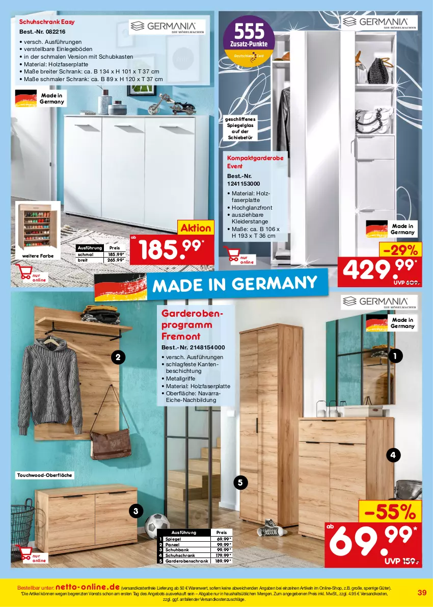 Aktueller Prospekt Netto Marken-Discount - Online-Angebote August - von 01.08 bis 31.08.2022 - strona 39 - produkty: angebot, Bank, Brei, eis, Garderobe, garderobenschrank, Germ, hochglanz, Holz, kleid, kleider, Kompaktgarderobe, latte, LG, ndk, paneel, reis, Ria, Schrank, schubkasten, schuhschrank, spiegel, Ti, versandkostenfrei, ZTE