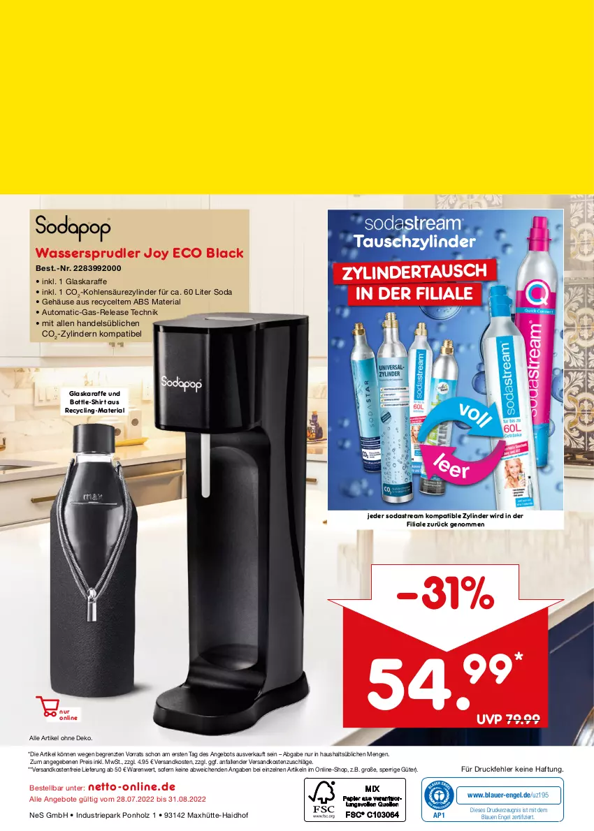 Aktueller Prospekt Netto Marken-Discount - Online-Angebote August - von 01.08 bis 31.08.2022 - strona 40 - produkty: angebot, angebote, auer, auto, Clin, drucker, eis, Engel, glaskaraffe, Holz, Karaffe, kerze, lack, ndk, reis, rel, Ria, shirt, Soda, sodastream, Ti, versandkostenfrei, wasser, wassersprudler, ZTE