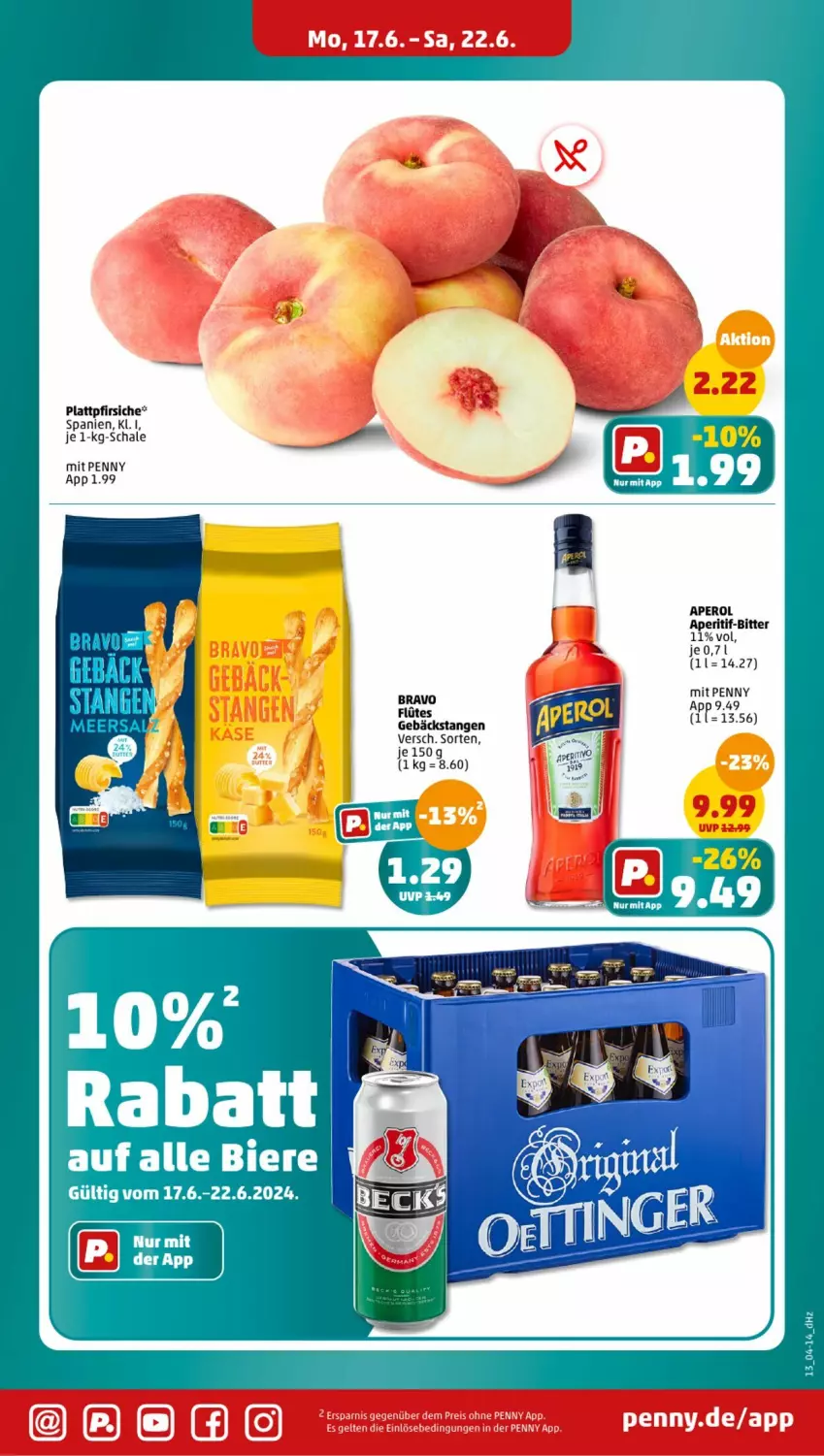 Aktueller Prospekt Penny - Prospekte - von 17.06 bis 22.06.2024 - strona 13 - produkty: aperitif, aperol, bier, Biere, Bravo, pfirsich, pfirsiche, plattpfirsiche, Schal, Schale, Ti