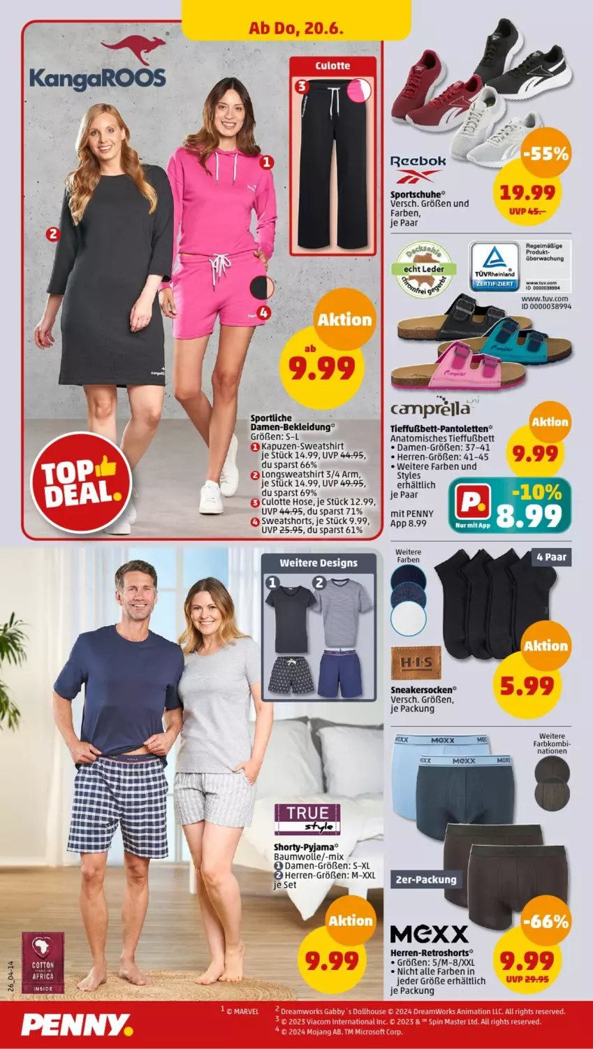 Aktueller Prospekt Penny - Prospekte - von 17.06 bis 22.06.2024 - strona 26 - produkty: Bau, baumwolle, bett, gsw, hose, kleid, Kleidung, Mexx, pantolette, pantoletten, Pyjama, Reebok, retroshorts, schuhe, shirt, shorts, shorty, shorty-pyjama, sneaker, sneakersocken, socken, Sport, sportschuhe, Sweatshirt, sweatshorts, Ti, wolle