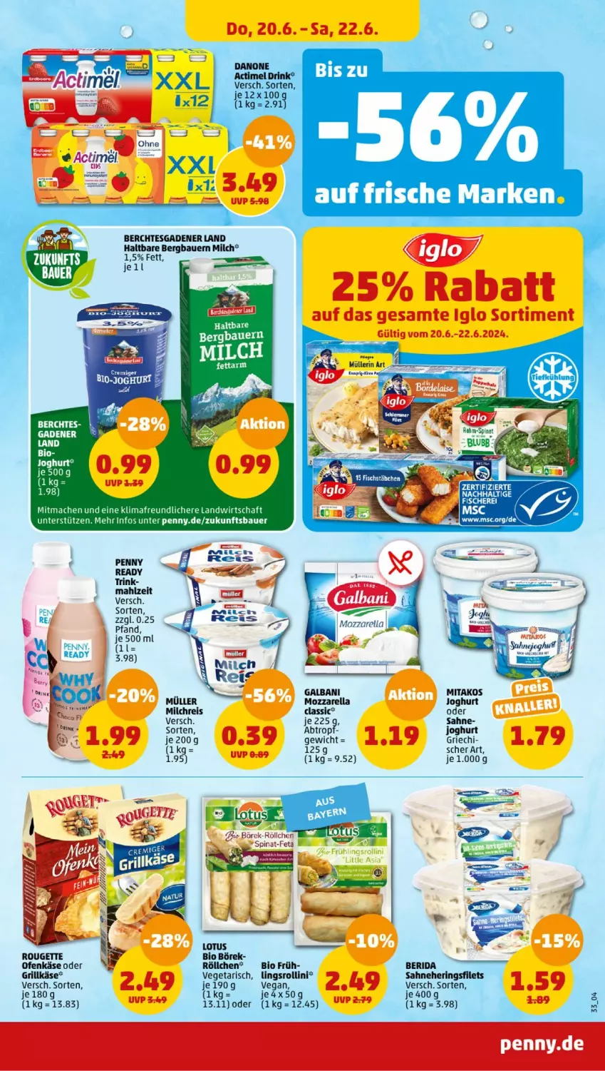 Aktueller Prospekt Penny - Prospekte - von 17.06 bis 22.06.2024 - strona 33 - produkty: acer, actimel, actimel drink, auer, Bau, Bauer, bio, brie, danone, drink, eis, feta, filet, filets, grill, Grillkäse, hering, Herings, heringsfilets, iglo, joghur, joghurt, Käse, mac, milch, milchreis, Ofen, Ofenkäse, reis, ring, rouge, rougette, sahne, spinat, Ti, Vegeta