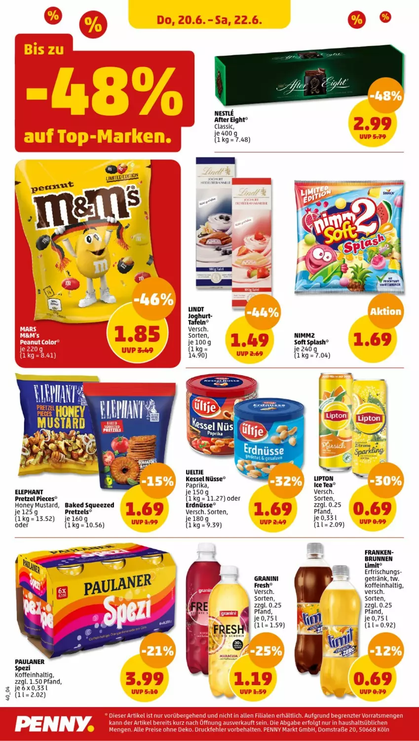 Aktueller Prospekt Penny - Prospekte - von 17.06 bis 22.06.2024 - strona 40 - produkty: after eight, brunnen, erdnüsse, getränk, granini, honey mustard, ice tea, lindt, lipton, nimm2, paprika, Paula, paulaner, Pretzel, Spezi, Ti