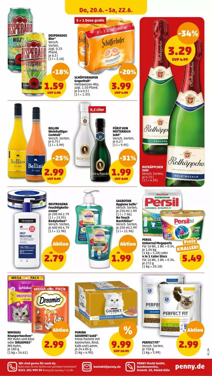 Aktueller Prospekt Penny - Prospekte - von 17.06 bis 22.06.2024 - strona 41 - produkty: Bau, bier, body, bodylotion, buch, cocktail, creme, desperados, dreamies, gourmet gold, grapefruit, Hefe, hefeweizen, Käse, lamm, Lotion, megaperls, Mett, metternich, neutrogena, pastete, Perfect Fit, purina, rind, sagrotan, schöfferhofer, Seife, sekt, Tasche, taschen, Ti, universal megaperls, wein, whiskas