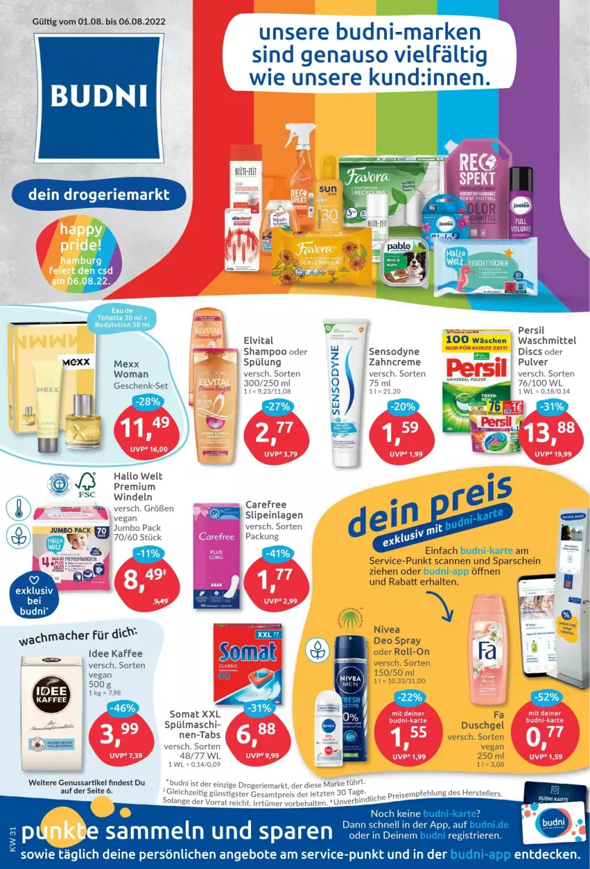 Aktueller Prospekt Budni - Prospekte - von 01.08 bis 06.08.2022 - strona 1 - produkty: angebot, angebote, Bau, Blüte, body, bodylotion, carefree, creme, decke, duschgel, eis, elle, elvital, jumbo, kaffee, Lotion, mac, Mexx, nivea, nuss, reis, roll-on, sensodyne, shampoo, slip, slipeinlagen, somat, spülung, teller, Ti, vita, waschmittel, windeln, zahncreme, ZTE