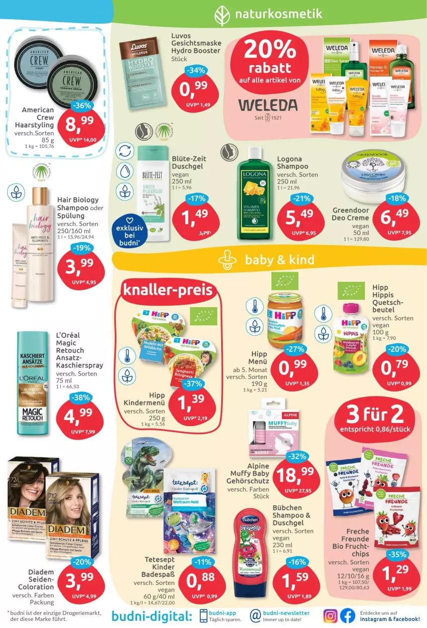 Aktueller Prospekt Budni - Prospekte - von 01.08 bis 06.08.2022 - strona 3 - produkty: Bad, beutel, bio, Blüte, bübchen, creme, decke, deo, dusche, duschgel, frucht, Gesichtsmaske, hipp, Kinder, kosmetik, Maske, natur, naturkosmetik, pflegedusche, shampoo, spülung, tee, Ti, weleda