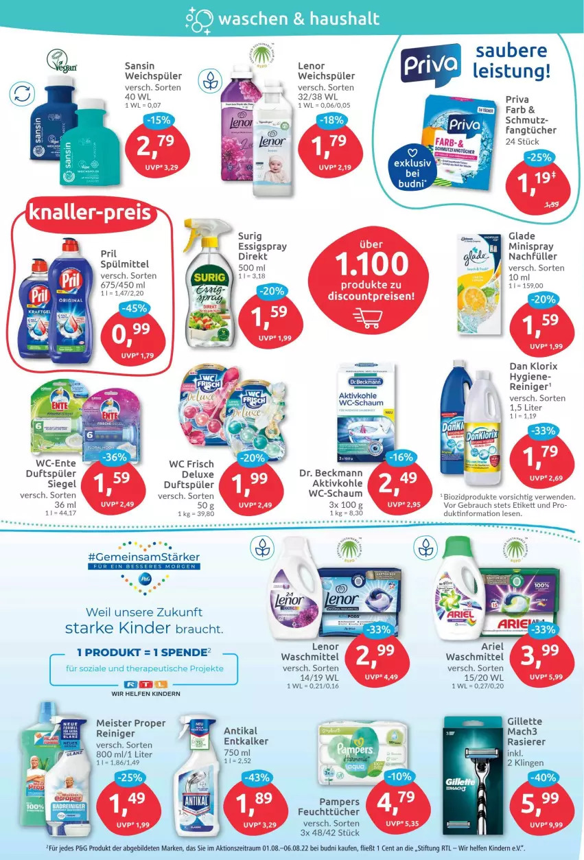 Aktueller Prospekt Budni - Prospekte - von 01.08 bis 06.08.2022 - strona 4 - produkty: bio, biozidprodukte, discount, Dr. Beckmann, eis, ente, entkalker, essig, Fangtücher, feuchttücher, gillette, Glade, Kinder, lenor, lenor weichspüler, mac, mach3, Meister, meister proper, pampers, rasierer, Rauch, reiniger, reis, rwe, spülmittel, Ti, tisch, tücher, waschmittel, wc frisch, weichspüler