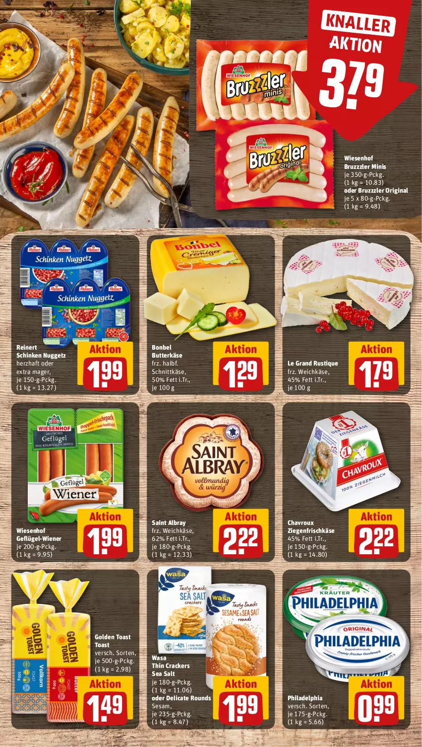 Aktueller Prospekt Rewe - Prospekte - von 24.07 bis 29.07.2023 - strona 11 - produkty: albray, bonbel, bruzzzler, butter, butterkäse, chavroux, cracker, frischkäse, Geflügel, gin, golden toast, Käse, philadelphia, reinert, saint albray, schinken, schnittkäse, sesam, Ti, toast, wasa, weichkäse, wiener, wiesenhof, ziegenfrischkäse