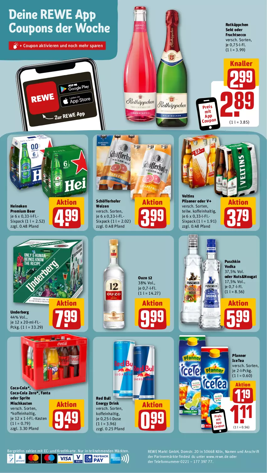 Aktueller Prospekt Rewe - Prospekte - von 24.07 bis 29.07.2023 - strona 20 - produkty: coca-cola, cola, coupon, coupons, drink, ecco, eis, energy drink, fanta, fanta oder, fanta oder sprite, frucht, fruchtsecco, heineken, oder sprite, ouzo, ouzo 12, pfanne, Pfanner, pils, pilsener, puschkin vodka, red bull, reis, rotkäppchen, schöfferhofer, sekt, sprite, telefon, Ti, underberg, veltins, veltins pilsener, vodka