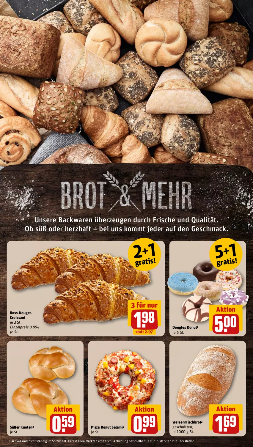 Aktueller Prospekt Rewe - Prospekte - von 24.07 bis 29.07.2023 - strona 8 - produkty: backwaren, brot, Croissant, Donut, eis, mac, nuss, pizza, reis, salami, schnitten, Ti, weizenmischbrot