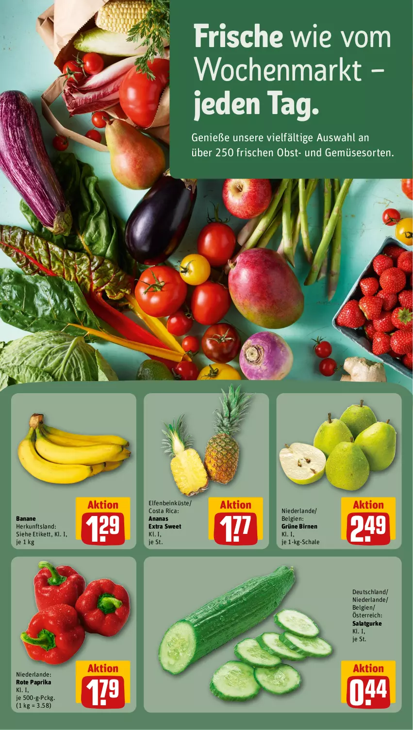 Aktueller Prospekt Rewe - Prospekte - von 24.07 bis 29.07.2023 - strona 9 - produkty: ananas, banane, Birnen, gurke, LG, obst, paprika, salat, Salatgurke, Schal, Schale, Ti, und gemüse