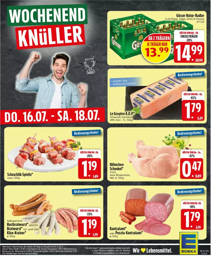 Aktueller Prospekt Edeka - Prospekte - von 13.07 bis 18.07.2026 - strona 28 - produkty: Abtei, bratwurst, flasche, gösser, hartkäse, henkel, Käse, natur, radler, rostbratwurst, salami, schenkel, schweizer hartkäse, Ti, wurst, Zelt