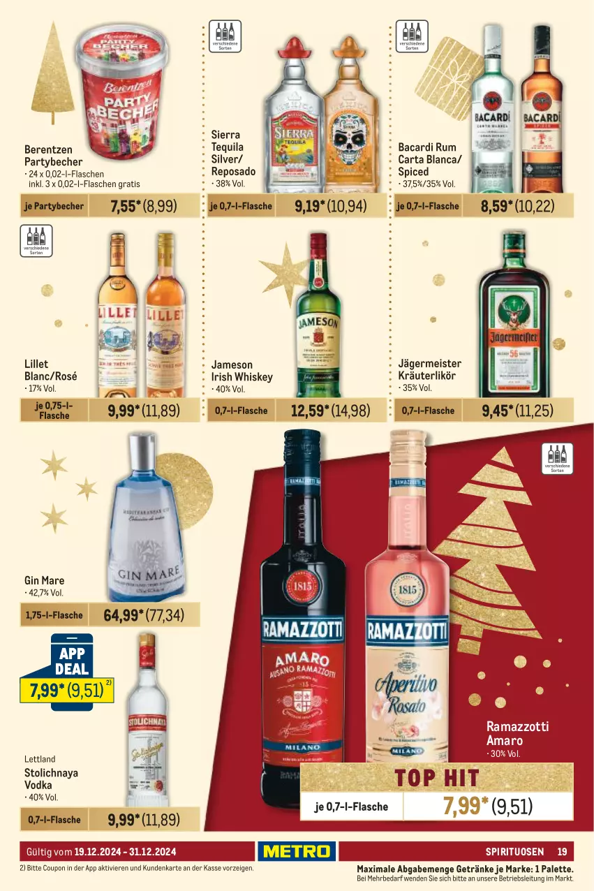 Aktueller Prospekt Metro - Food-Nonfood - von 19.12 bis 31.12.2024 - strona 19 - produkty: amaro, bacardi, bacardi rum, Becher, berentzen, coupon, eis, flasche, Germ, getränk, getränke, gin, gin mare, irish whiskey, jägermeister, jameson, kräuter, kräuterlikör, likör, lillet, Meister, Palette, rama, ramazzott, ramazzotti, rum, Sierra, sierra tequila, spirituosen, tequila, Ti, vodka, whiskey, zott