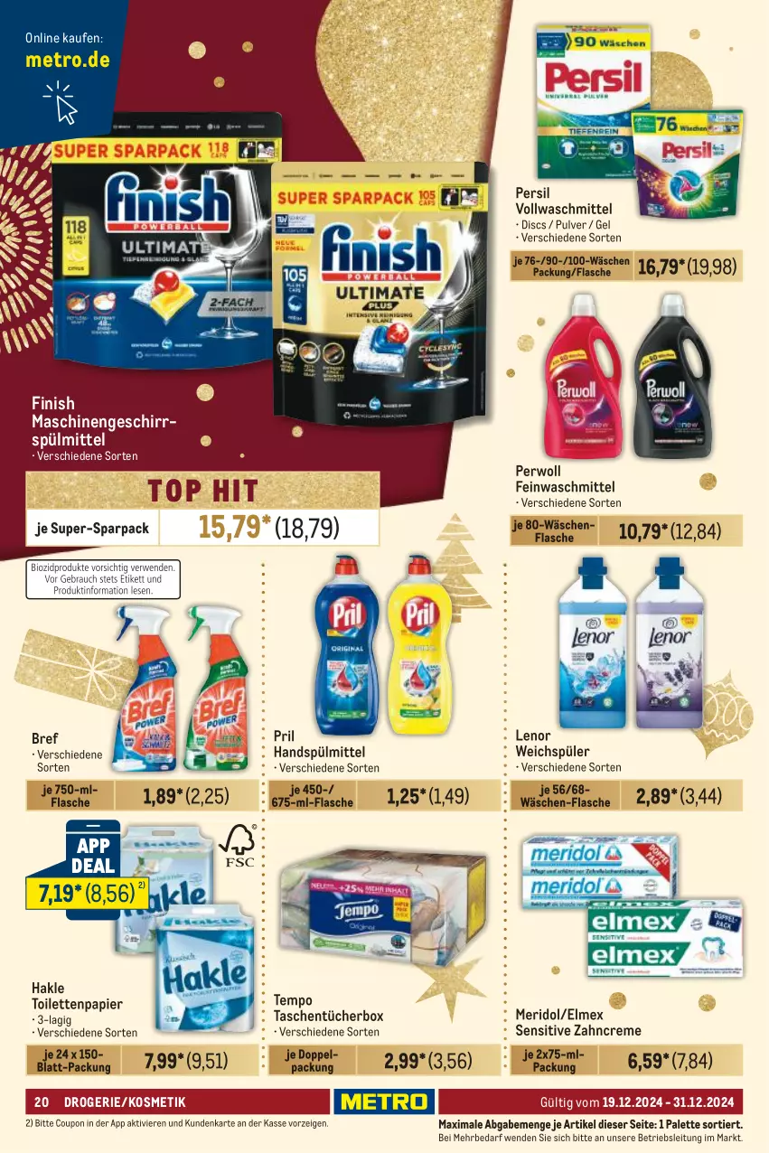 Aktueller Prospekt Metro - Food-Nonfood - von 19.12 bis 31.12.2024 - strona 20 - produkty: Bref, coupon, creme, elmex, feinwaschmittel, Finish, flasche, geschirr, geschirrspülmittel, hakle, hakle toilettenpapier, kosmetik, lenor, lenor weichspüler, meridol, Metro, Palette, papier, persil, perwoll, pril, spülmittel, Tasche, taschen, taschentücher, Taschentücherbox, Tempo, Ti, toilettenpapier, tücher, vollwaschmittel, waschmittel, weichspüler, zahncreme