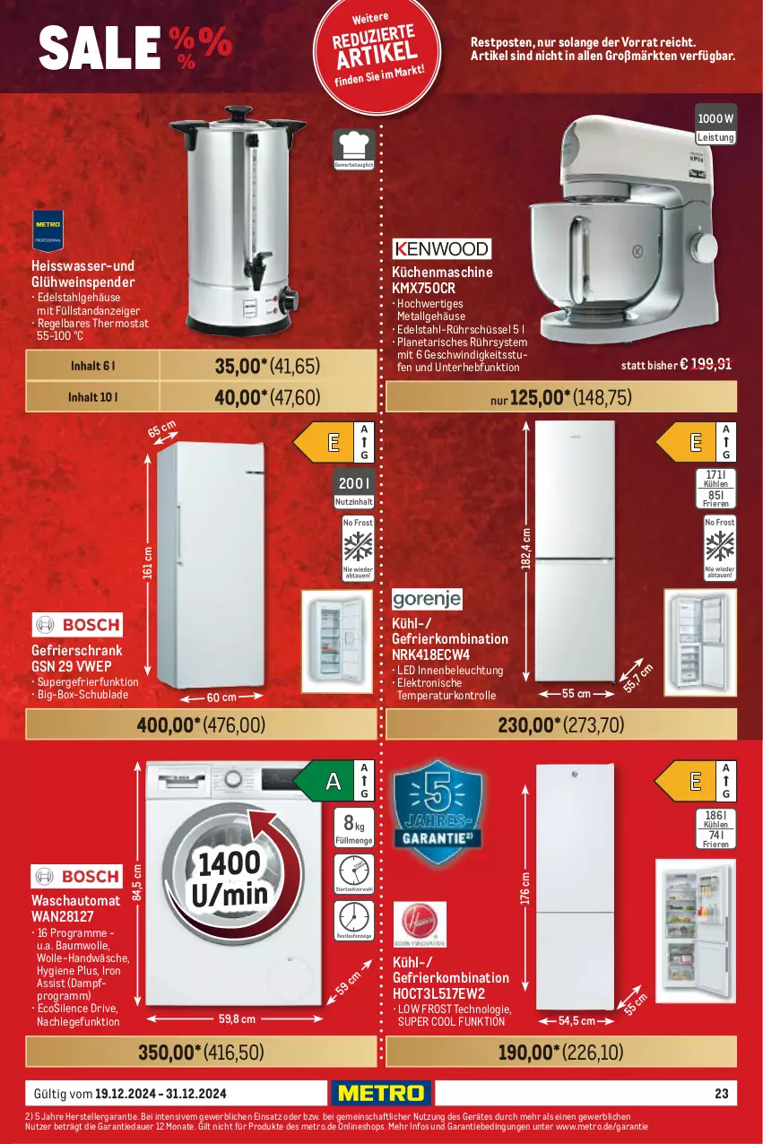 Aktueller Prospekt Metro - Food-Nonfood - von 19.12 bis 31.12.2024 - strona 23 - produkty: auer, auto, Bau, baumwolle, beleuchtung, edelstahl, eis, Elektro, elle, gefrierkombination, gefrierschrank, gefu, Glühwein, küche, Küchen, küchenmaschine, LG, Metro, Rührschüssel, Schrank, schüssel, supergefrierfunktion, teller, thermostat, Ti, wasser, wein, wolle