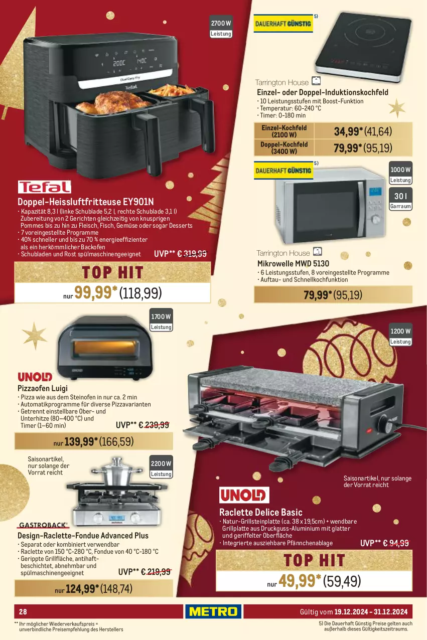 Aktueller Prospekt Metro - Food-Nonfood - von 19.12 bis 31.12.2024 - strona 28 - produkty: auer, auto, backofen, delice, dessert, desserts, eis, elle, ente, fisch, fleisch, Fondue, fritteuse, garraum, grill, grillfläche, grillplatte, induktionskochfeld, kochfeld, latte, mikrowelle, natur, Ofen, pizza, Pizzaofen, pommes, reis, Ria, rwe, schubladen, spülmaschinen, steinofen, teller, Ti, timer