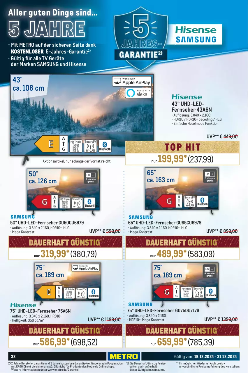 Aktueller Prospekt Metro - Food-Nonfood - von 19.12 bis 31.12.2024 - strona 32 - produkty: auer, eis, elle, fernseher, hisense, LG, Metro, Mode, reis, Samsung, teller, Ti, uhd