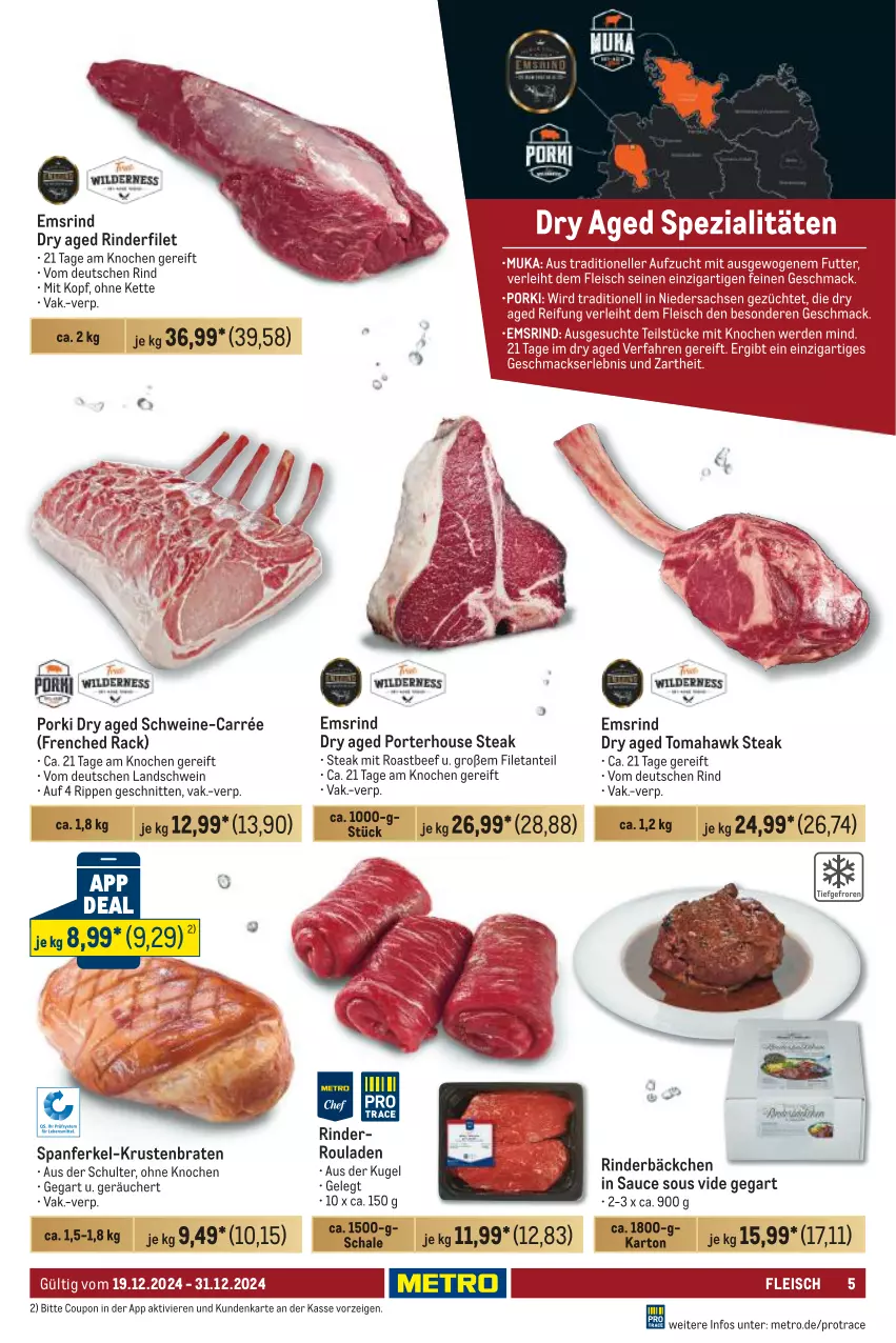 Aktueller Prospekt Metro - Food-Nonfood - von 19.12 bis 31.12.2024 - strona 5 - produkty: beef, braten, coupon, eis, filet, fleisch, Kette, krustenbraten, Kugel, Metro, rind, rinder, rinderfilet, Rinderroulade, rinderrouladen, Rippen, roastbeef, rouladen, sauce, Schal, Schale, schnitten, schwein, schweine, steak, Ti, wein, weine