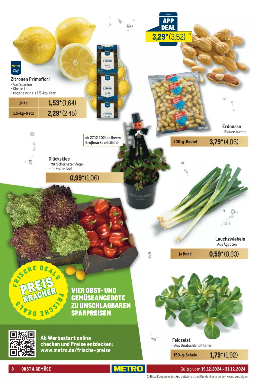 Aktueller Prospekt Metro - Food-Nonfood - von 19.12 bis 31.12.2024 - strona 8 - produkty: angebot, angebote, auer, beutel, coupon, decke, eis, erdnüsse, feldsalat, glücksklee, jumbo, Lauchzwiebel, lauchzwiebeln, Metro, obst, reis, salat, Schal, Schale, Schornsteinfeger, Ti, topf, und gemüse, zitrone, zitronen, zwiebel, zwiebeln