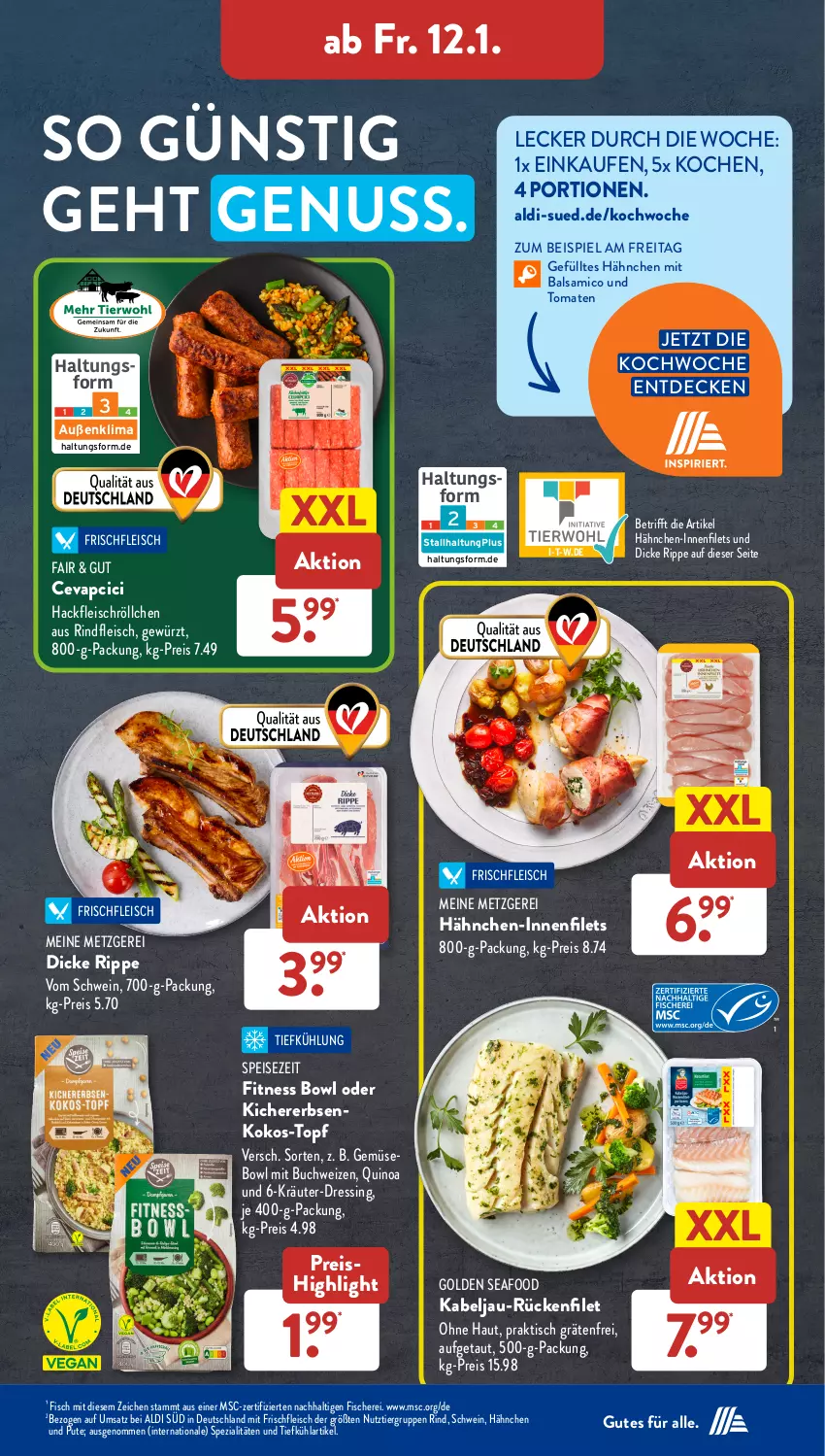 Aktueller Prospekt AldiSud - IN ZWEI WOCHEN - von 08.01 bis 13.01.2023 - strona 19 - produkty: aldi, balsam, balsamico, buch, cevapcici, decke, dressing, eis, erbsen, filet, filets, fisch, fische, Fischer, fleisch, gewürz, hackfleisch, Hähnchen-Innenfilets, kichererbsen, kokos, kräuter, nuss, pute, quinoa, reis, rind, rindfleisch, Schere, schwein, Spezi, Ti, tisch, tomate, tomaten, topf, wein