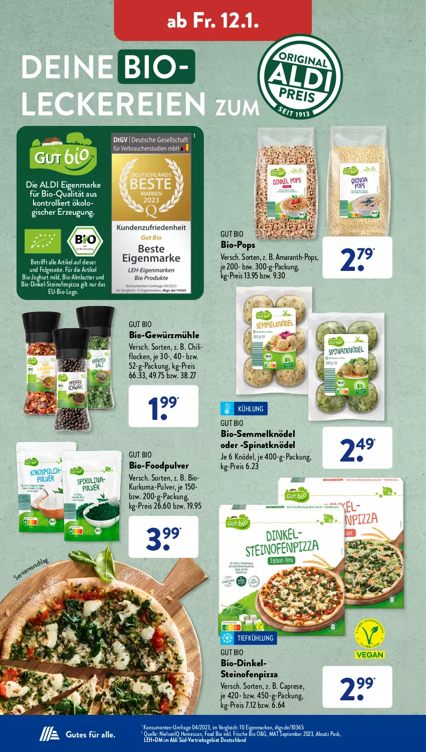 Aktueller Prospekt AldiSud - IN ZWEI WOCHEN - von 08.01 bis 13.01.2023 - strona 22 - produkty: aldi, bio, bio-joghurt, butter, Cap, chili, eis, elle, ente, gewürz, Gewürzmühle, joghur, joghurt, joghurt mild, Knödel, LG, Ofen, pizza, reis, Semmel, Semmelknödel, spinat, steinofen, Ti, trolli