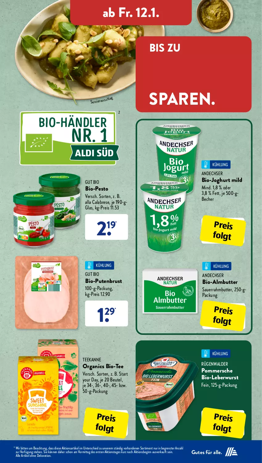 Aktueller Prospekt AldiSud - IN ZWEI WOCHEN - von 08.01 bis 13.01.2023 - strona 23 - produkty: aldi, alle artikel ohne dekoration, auer, Becher, beutel, bio, bio-joghurt, butter, dekoration, eis, gin, joghur, joghurt, joghurt mild, leberwurst, LG, pesto, Pommersche, pute, putenbrust, reis, rügenwalder, Sauerrahm, tee, teekanne, Ti, wurst, Yo, ZTE