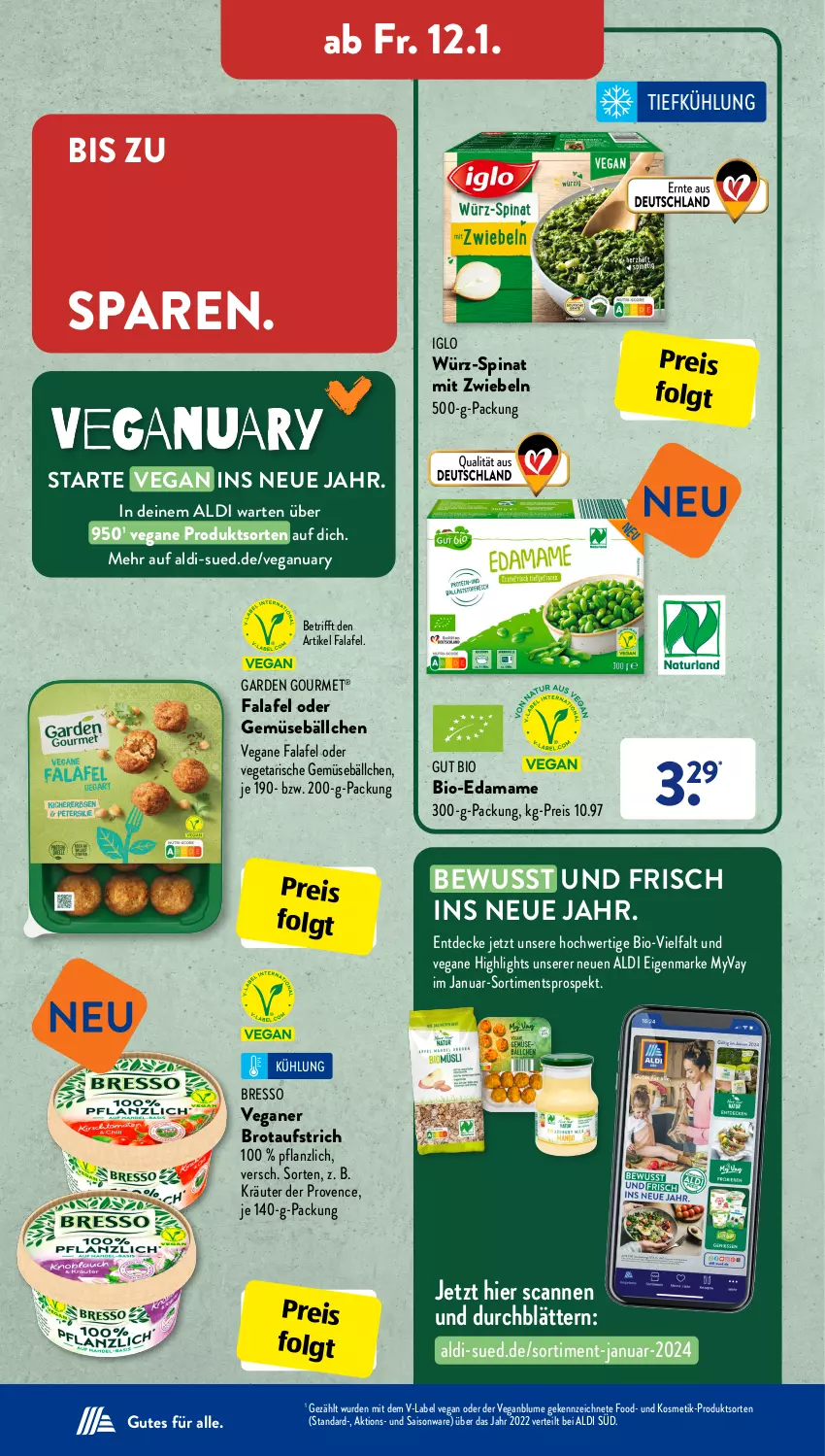 Aktueller Prospekt AldiSud - IN ZWEI WOCHEN - von 08.01 bis 13.01.2023 - strona 24 - produkty: aldi, aufstrich, bio, blume, bresso, brot, brotaufstrich, decke, eis, Falafel, garden gourmet, iglo, kosmetik, kräuter, LG, mam, mit zwiebeln, reis, spinat, Ti, Vegeta, zwiebel, zwiebeln