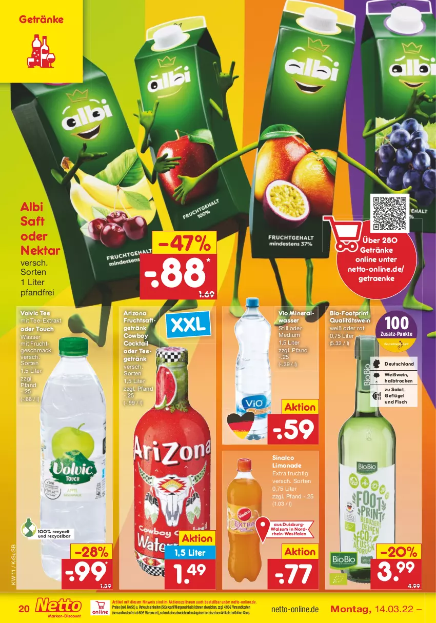 Aktueller Prospekt Netto Marken-Discount - Filial-Angebote - von 14.03 bis 19.03.2022 - strona 20 - produkty: Alwa, bio, cocktail, eis, fisch, frucht, fruchtsaft, fruchtsaftgetränk, Geflügel, getränk, getränke, limo, limonade, mac, mineralwasser, mit frucht, ndk, Nektar, qualitätswein, reis, saft, salat, sinalco, tee, Ti, usb, versandkostenfrei, volvic, wasser, wein, Weißwein