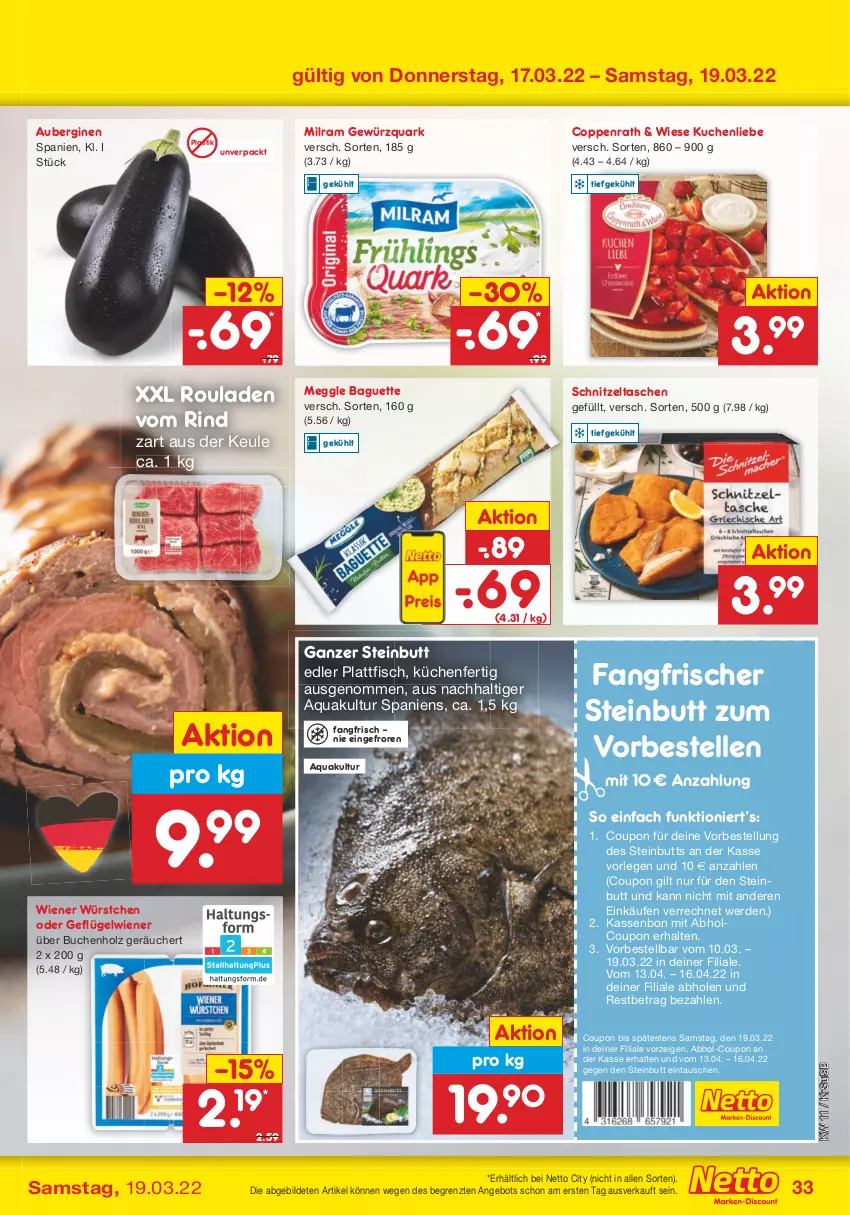 Aktueller Prospekt Netto Marken-Discount - Filial-Angebote - von 14.03 bis 19.03.2022 - strona 33 - produkty: angebot, aqua, asti, aubergine, auberginen, baguette, buch, coppenrath, coupon, elle, erde, fisch, Geflügel, gewürz, gewürzquark, gin, Holz, küche, kuchen, Küchen, kuchenliebe, meggle, milram, quark, rind, rouladen, schnitzel, Tasche, taschen, Ti, usb, wiener, wiener würstchen, würstchen, Zelt, ZTE