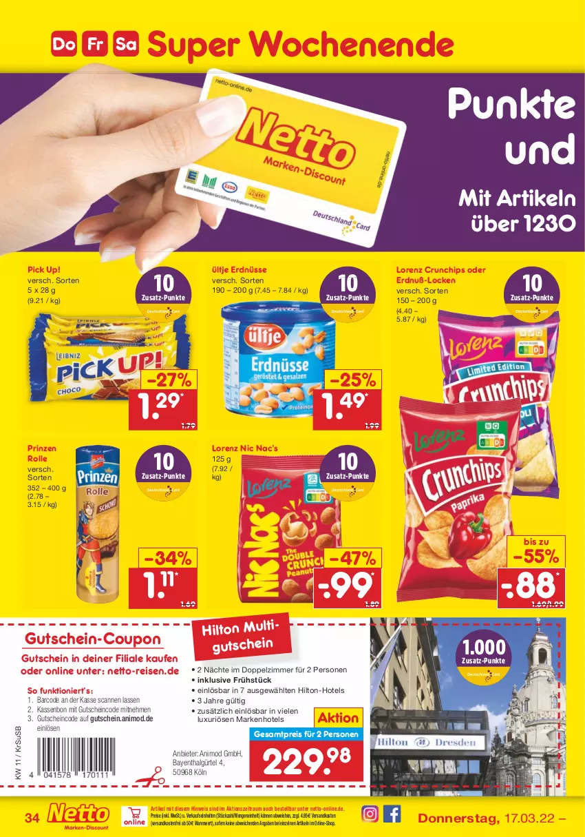 Aktueller Prospekt Netto Marken-Discount - Filial-Angebote - von 14.03 bis 19.03.2022 - strona 34 - produkty: chips, coupon, crunchips, deutschlandcard, eis, erdnüsse, gutschein, LG, lorenz, lorenz crunchips, ndk, Pick Up!, prinzen rolle, reis, Ti, ültje, ültje erdnüsse, usb, versandkostenfrei