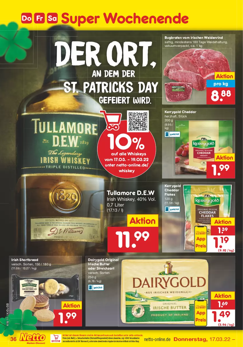 Aktueller Prospekt Netto Marken-Discount - Filial-Angebote - von 14.03 bis 19.03.2022 - strona 36 - produkty: braten, butter, cheddar, Dairygold, eier, eis, flakes, gin, irische butter, irish whiskey, kerrygold, ndk, reis, rind, saft, Streichzart, Ti, tullamore, usb, versandkostenfrei, whiskey