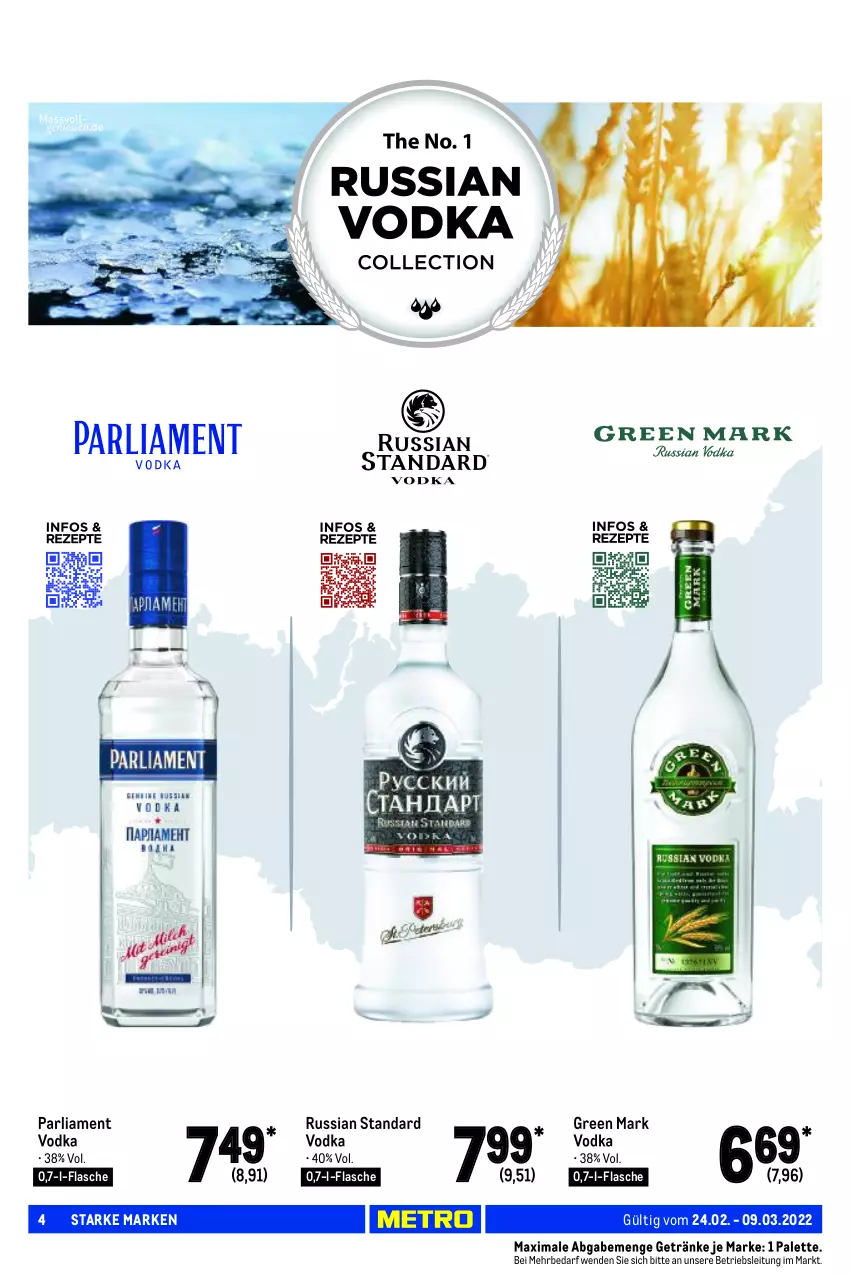 Aktueller Prospekt Metro - Starke Marken - von 24.02 bis 09.03.2022 - strona 4 - produkty: flasche, getränk, getränke, Palette, russian standard, Ti, vodka