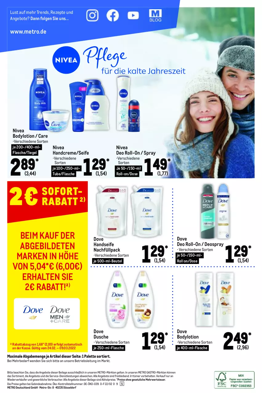 Aktueller Prospekt Metro - Starke Marken - von 24.02 bis 09.03.2022 - strona 8 - produkty: abholpreise, angebot, angebote, auto, beutel, body, bodylotion, creme, deo, deo roll-on, deospray, dove, dusche, eis, flasche, handcreme, Handseife, ilag, LG, Lotion, Metro, metro gastro, nivea, Palette, Rauch, reis, rezept, rezepte, roll-on, rwe, Seife, sofortrabatt, Ti, tisch