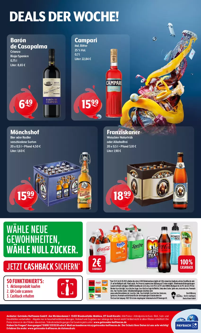 Aktueller Prospekt Getraenke Hoffmann - Prospekte - von 10.02 bis 15.03.2025 - strona 8 - produkty: abholpreise, alkohol, bier, Biere, campari, coca-cola, cola, eis, fanta, franziskaner, fuze tea, getränk, getränke, gewinnspiel, Mezzo Mix, mönchshof, natur, oder radler, radler, reis, Ria, rioja, Spiele, sprite, Ti, uhr, weissbier, zucker