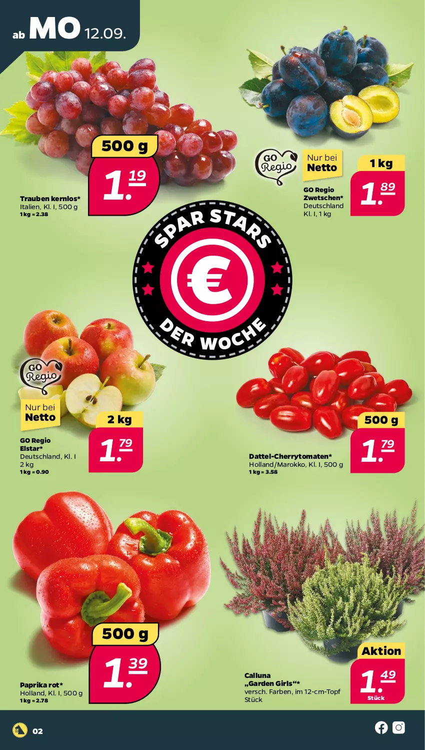 Aktueller Prospekt Netto - Woche 37 - von 12.09 bis 17.09.2022 - strona 2 - produkty: cherrytomaten, paprika, paprika rot, Ti, tomate, tomaten, topf, trauben